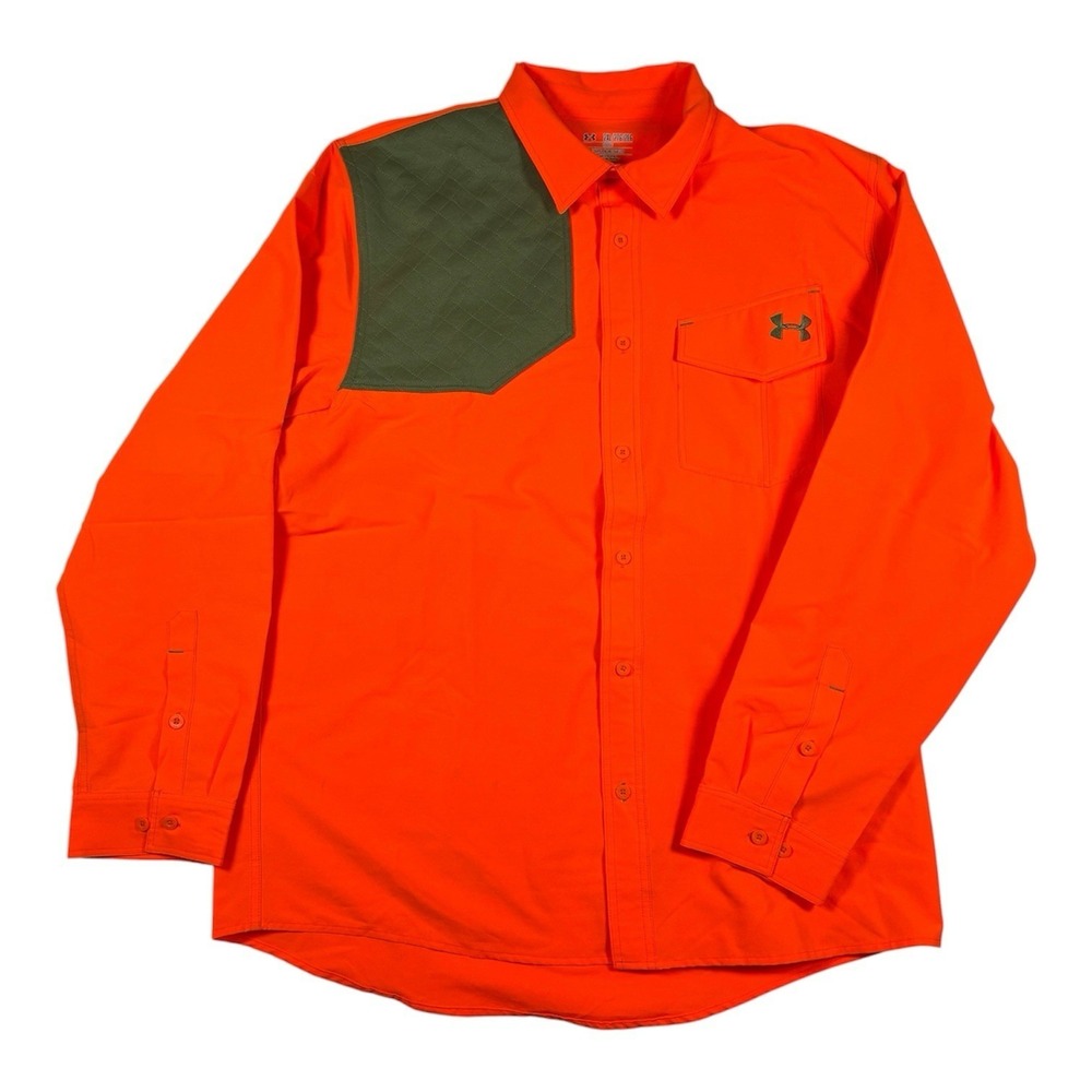 Under Armour Prey Mens 2XL Blaze Orange Shooting Shirt Hunting Shoulder Patch